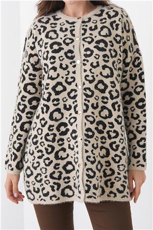 Kadın TAŞ Leopar Desenli Düğmeli Yumoş Triko Hırka VS01446
