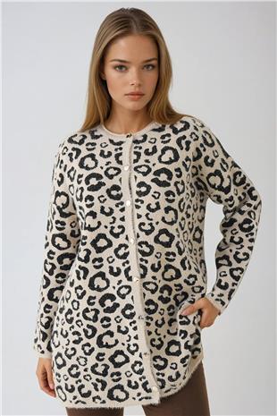 Kadın TAŞ Leopar Desenli Düğmeli Yumoş Triko Hırka VS01446