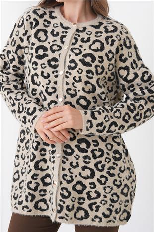 Kadın TAŞ Leopar Desenli Düğmeli Yumoş Triko Hırka VS01446