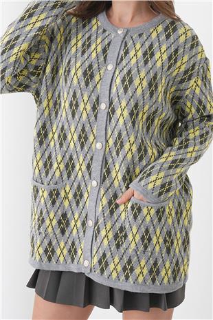 Kadın TEREYAĞI SARISI Baklava Desenli Düğmeli Cepli Triko Hırka VS01445