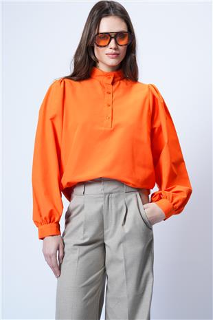 Kadın Turuncu Hakim Yaka Yarım Pat Balon Kol Poplin Gömlek Bluz Alc-X14059