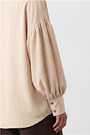 Kadın Vanilya Balon Kol Geniş Manşetli Oversize Keten Gömlek Alc-X15426
