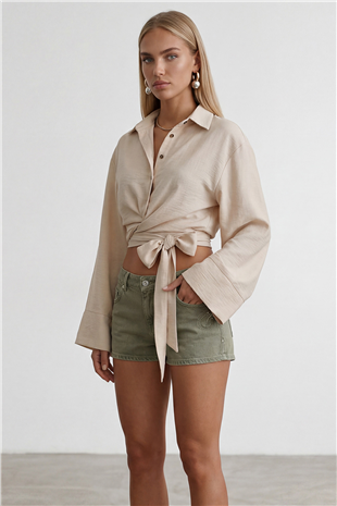 Kadın Vanilya Geniş Manşetli Kol Detaylı Önü Bağlamalı Keten Gömlek Alc-X15424