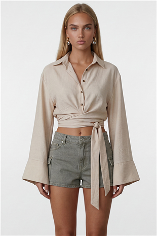 Kadın Vanilya Geniş Manşetli Kol Detaylı Önü Bağlamalı Keten Gömlek Alc-X15424