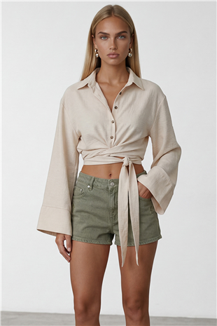 Kadın Vanilya Geniş Manşetli Kol Detaylı Önü Bağlamalı Keten Gömlek Alc-X15424