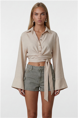 Kadın Vanilya Geniş Manşetli Kol Detaylı Önü Bağlamalı Keten Gömlek Alc-X15424