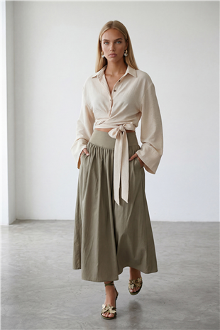 Kadın Vanilya Geniş Manşetli Kol Detaylı Önü Bağlamalı Keten Gömlek Alc-X15424