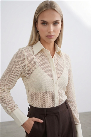 Kadın Vanilya Keten Garnili Güpür Premium Gömlek Alc-X14118