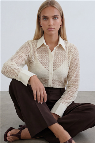 Kadın Vanilya Keten Garnili Güpür Premium Gömlek Alc-X14118