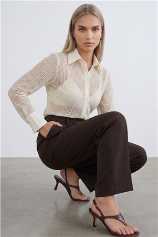 Kadın Vanilya Keten Garnili Güpür Premium Gömlek Alc-X14118