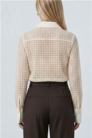 Kadın Vanilya Keten Garnili Güpür Premium Gömlek Alc-X14118