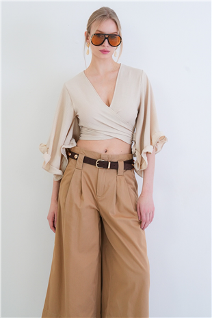 Kadın Vanilya V Yaka Bağlama Detaylı Kolları Fırfırlı Keten Bluz Alc-X15332