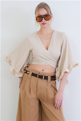Kadın Vanilya V Yaka Bağlama Detaylı Kolları Fırfırlı Keten Bluz Alc-X15332