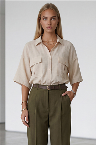 Kadın Vanilya Zarf Cepli Keten Gömlek Alc-X15329
