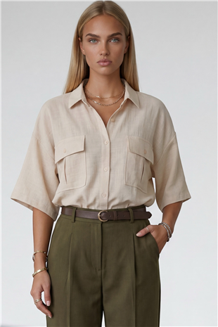 Kadın Vanilya Zarf Cepli Keten Gömlek Alc-X15329