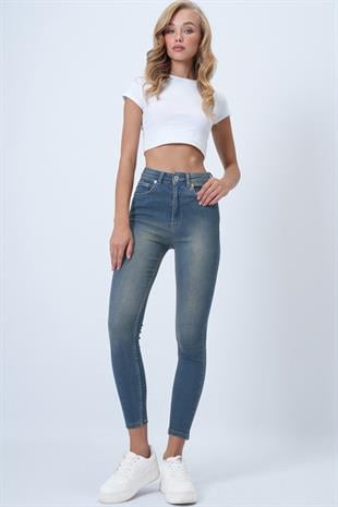 Kadın Vintage Mavi 5 Cepli Full Likralı Skiny Jean Pantolon ALC-X14472