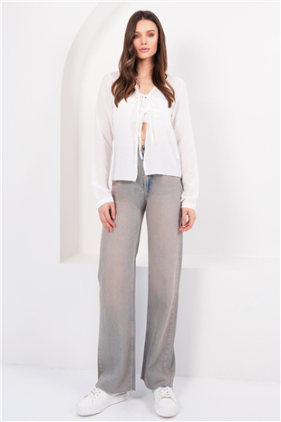 Kadın Vintage Mavi Vintage Yıkama Paçası Püsküllü Mom Jean Alc-X14811