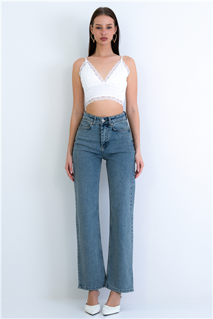 Kadın Vintage Mavi Yüksek Bel Geniş Paça Jean Pantolon Alc-X15158