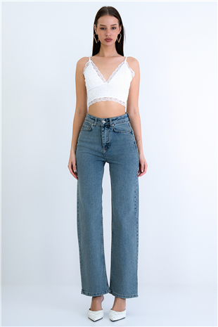 Kadın Vintage Mavi Yüksek Bel Geniş Paça Jean Pantolon Alc-X15158