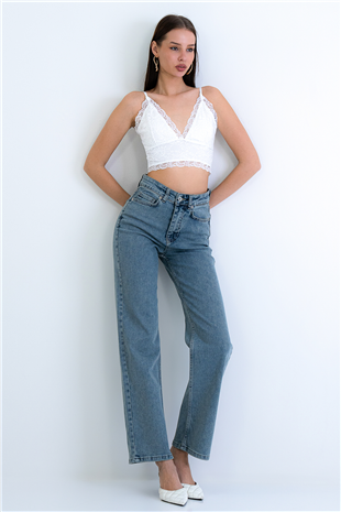 Kadın Vintage Mavi Yüksek Bel Geniş Paça Jean Pantolon Alc-X15158