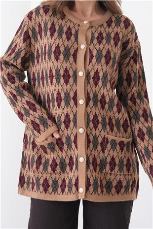 Kadın VİZON Baklava Desenli Düğmeli Cepli Triko Hırka VS01445