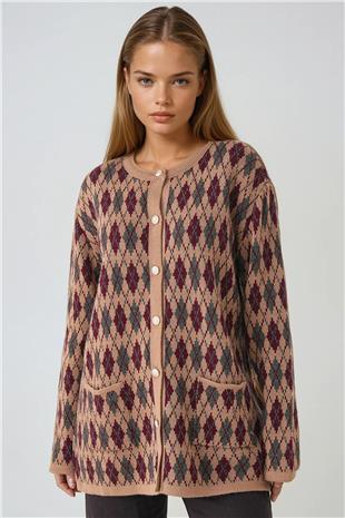 Kadın VİZON Baklava Desenli Düğmeli Cepli Triko Hırka VS01445