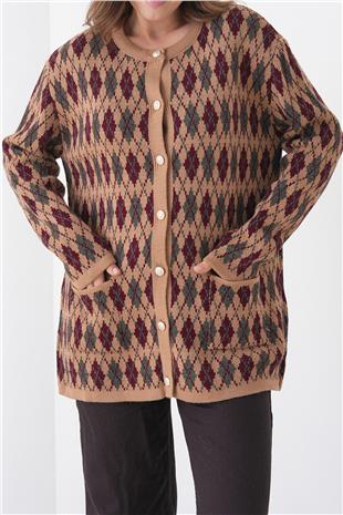 Kadın VİZON Baklava Desenli Düğmeli Cepli Triko Hırka VS01445