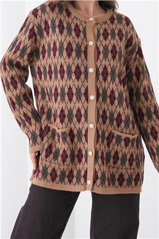 Kadın VİZON Baklava Desenli Düğmeli Cepli Triko Hırka VS01445