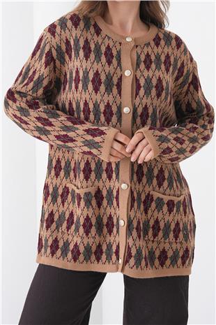 Kadın VİZON Baklava Desenli Düğmeli Cepli Triko Hırka VS01445