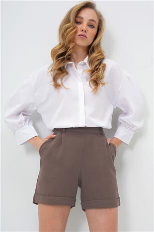 Kadın Vizon Çift Cepli Duble Paça Gizli Fermuarlı Keten Şort Alc-X13767