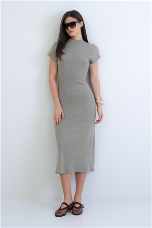 Kadın Vizon Dik Yaka Kısa Kol Maxi Boy Triko Elbise Alc-X15297