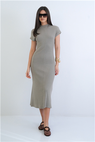 Kadın Vizon Dik Yaka Kısa Kol Maxi Boy Triko Elbise Alc-X15297