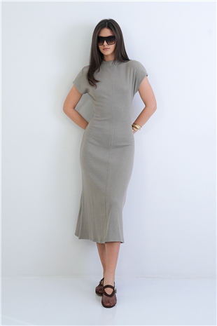Kadın Vizon Dik Yaka Kısa Kol Maxi Boy Triko Elbise Alc-X15297