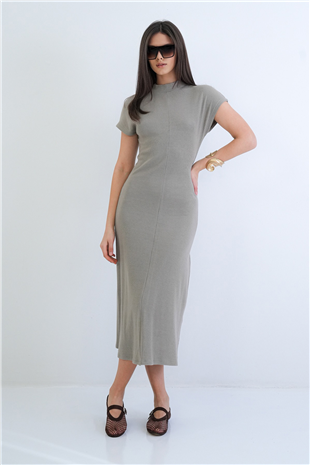 Kadın Vizon Dik Yaka Kısa Kol Maxi Boy Triko Elbise Alc-X15297