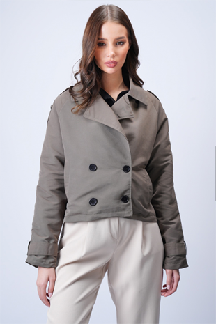 Kadın VİZON Kruvaze Yaka İçi Astarlı Kısa Trenç Ceket VS01185