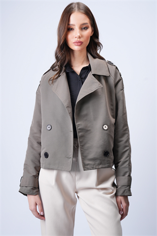 Kadın VİZON Kruvaze Yaka İçi Astarlı Kısa Trenç Ceket VS01185