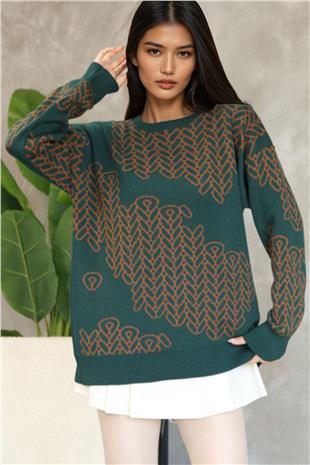 Kadın Yeşil Bisiklet Yaka Desenli Triko Kazak Alc-X14741
