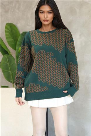 Kadın Yeşil Bisiklet Yaka Desenli Triko Kazak Alc-X14741