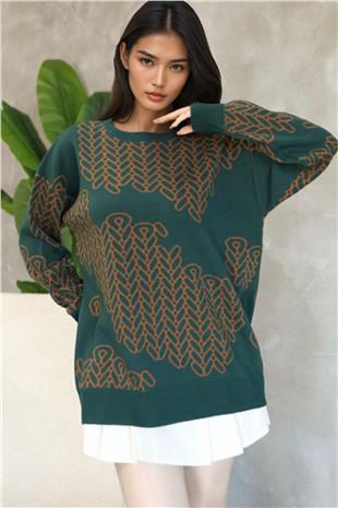 Kadın Yeşil Bisiklet Yaka Desenli Triko Kazak Alc-X14741