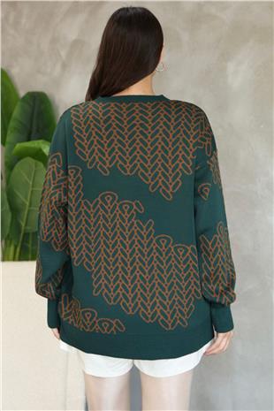 Kadın Yeşil Bisiklet Yaka Desenli Triko Kazak Alc-X14741