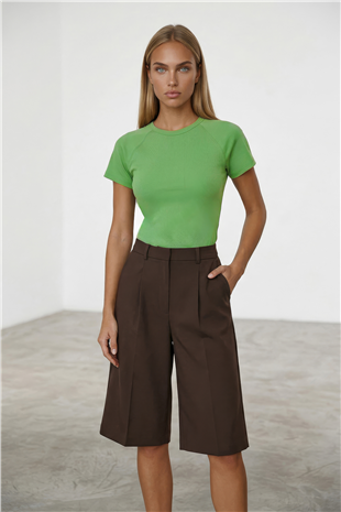 Kadın Yeşil Bisiklet Yaka Reglan Kol Likralı Örme Bluz Alc-X15388