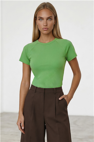 Kadın Yeşil Bisiklet Yaka Reglan Kol Likralı Örme Bluz Alc-X15388