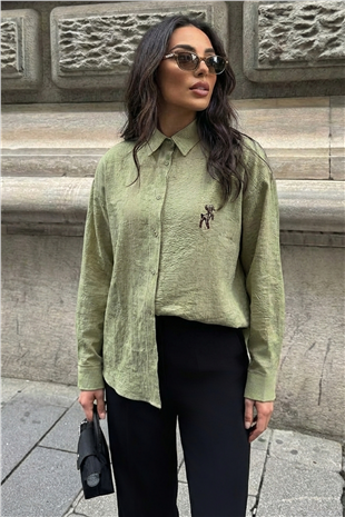 Kadın Yeşil Geyik Nakışlı Aerobin Gömlek Alc-X15315