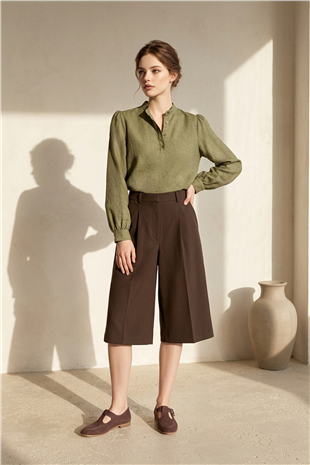 Kadın Yeşil Hakim Yaka Yarım Pat Balon Kol Keten Gömlek Bluz Alc-X15331