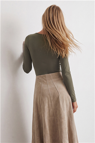 Kadın Yeşil Kare Yaka Tulumlu Alttan Çıtçıtlı Bodysuit Alc-X14390