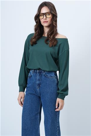 Kadın Yeşil Kayık Yaka Kolları Manşetli Bluz Alc-X14393
