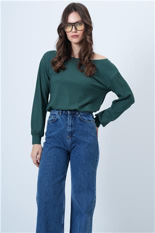 Kadın Yeşil Kayık Yaka Kolları Manşetli Bluz Alc-X14393
