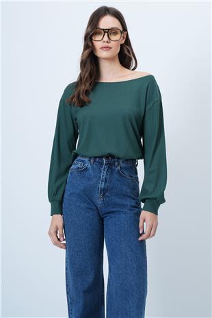 Kadın Yeşil Kayık Yaka Kolları Manşetli Bluz Alc-X14393