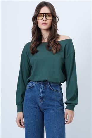 Kadın Yeşil Kayık Yaka Kolları Manşetli Bluz Alc-X14393