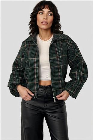 Kadın Zeytin Yeşili Kolları Ve Beli Lastikli Tweed Ceket Alc-X15025